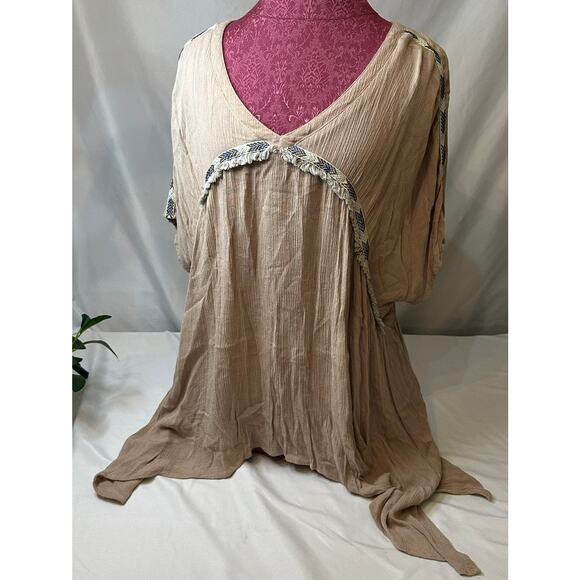 Kori America Boho Tunic Beige Flowy Oversized Embroidered Trim Size Large - Picture 1 of 6
